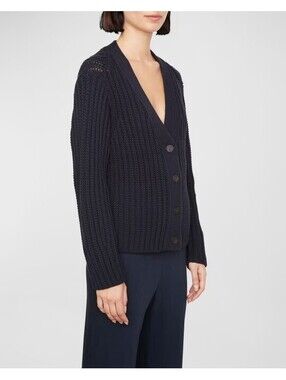 NWT Vince Wave Rib Cardigan Navy Blue Chunky Knit Womens M Old Money $465 MSRP
